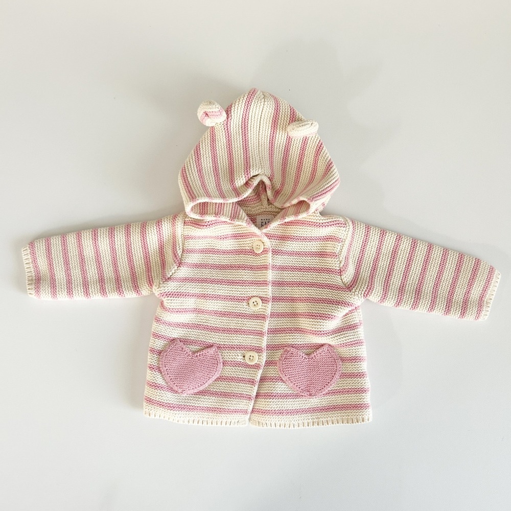 Baby Gap Girls Pink Striped Heart Pocket‎ Bear Ear Hooded Cardigan Sweater 3-6M